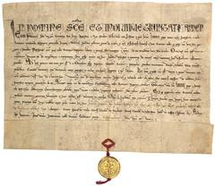 Medieval parchment showing Frederick II, King of Sicily, swearing an oath to Pope Honorius III in 1219