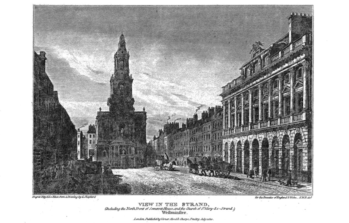 Historic view of the Strand in London featuring the North Front of Somerset House and the Church of St Mary-Le-Strand