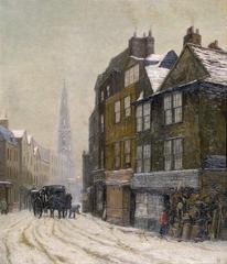 Coloured lithograph of Drury Court with the Church of St Mary-le-Strand in Westminster, London, 1880