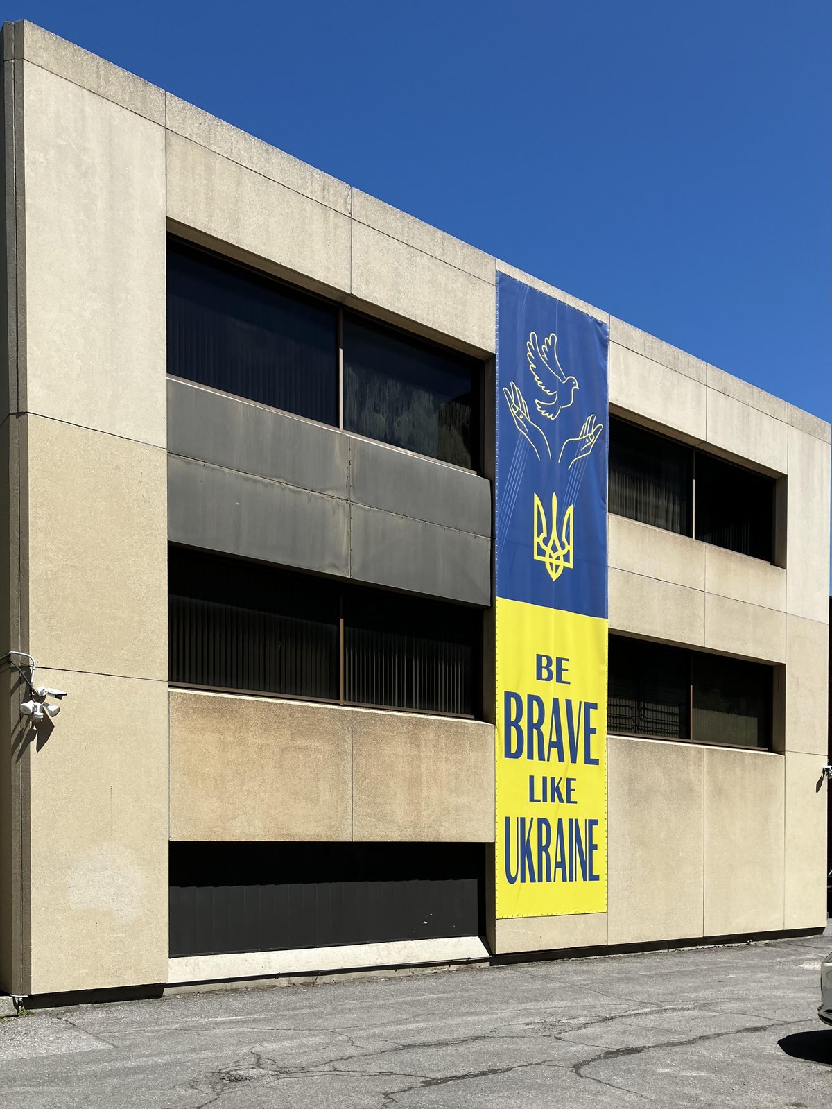 Be Brave Like Ukraine campaign banner displayed at the Embassy of Ukraine in Ottawa