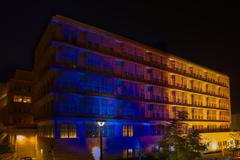U.S. Embassy Islamabad illuminated in blue and yellow colors of Ukrainian flag showing solidarity
