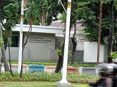 US Embassy building in Jakarta with American flag