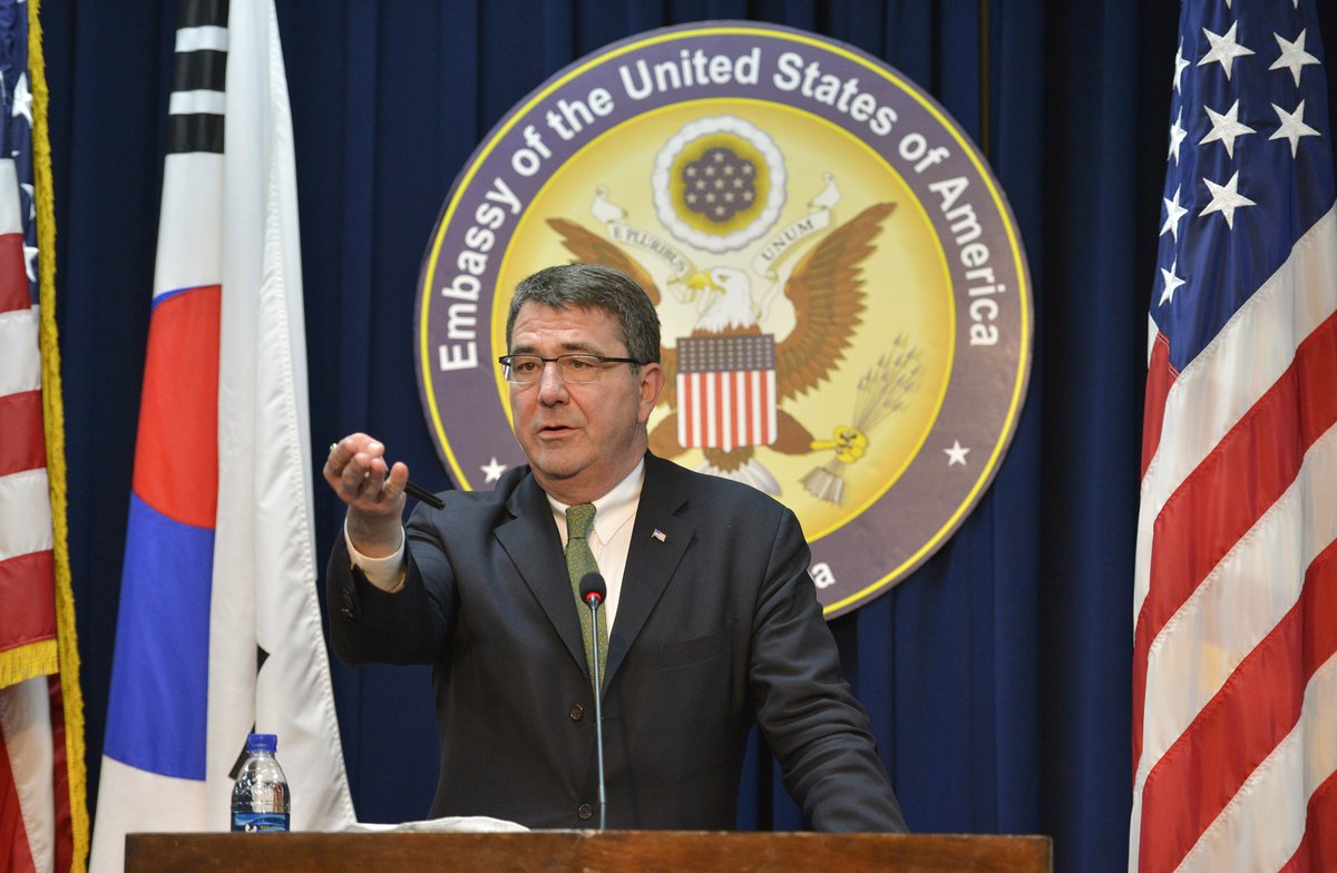 Deputy Secretary of Defense Ashton B. Carter holding press conference at U.S. Embassy in Seoul, South Korea, March 18, 2013