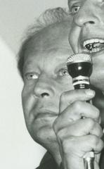 Olof Palme delivering the first speech in Almedalen Park in 1968 with Krister Wickman standing behind him
