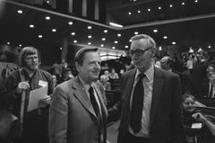 Minister Max van der Stoel and former Swedish Prime Minister Olof Palme at a public hearing on nuclear weapons and disarmament by the World Council of Churches in Amsterdam on November 23, 1981