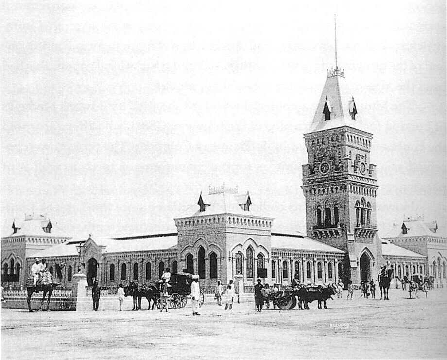 Historical black and white photograph of Empress Market in Karachi, Sind, Pakistan, circa 1890