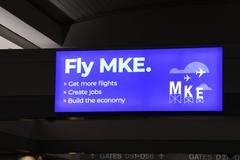 Interior view of Milwaukee Mitchell International Airport Concourse D with seating areas and large windows