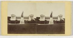 Historic stereophoto of the Ruhmeshalle and Bavaria statue in Munich showcasing Doric architecture