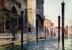View of the Grand Canal featuring the round arch portal of Palazzo Curti Valmarana, trilobate balconies of Palazzo Corner Spinelli, and Ca' Foscari in the background