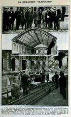 Historic construction site of Estación Mapocho in 1910 with workers and scaffolding