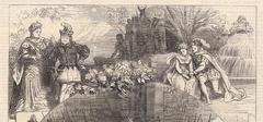 Engraving detail of Christmas Entertainments from The Illustrated London News, featuring a scene from W. S. Gilbert's The Palace of Truth at the Haymarket Theatre, drawn by D. H. Friston