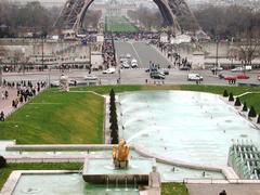 Fountains of Trocadero in Paris with clear blue sky