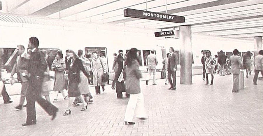 Daly City-bound BART train at Montgomery station circa 1980