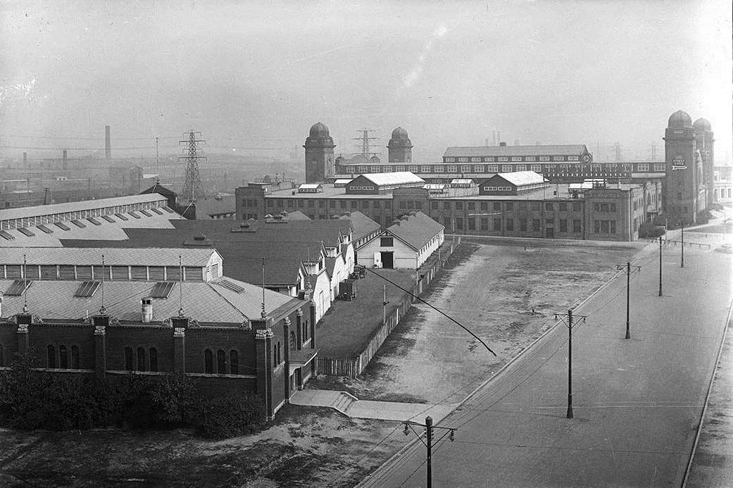 Horse stables and coliseum at Toronto Exhibition Grounds in 1930