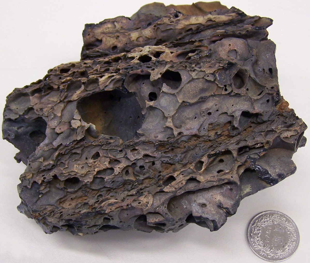 Close-up of porous scoria volcanic rock with a 1 Swiss franc coin for scale