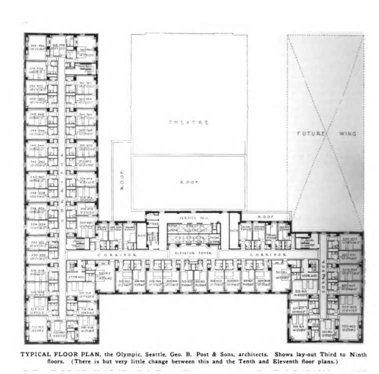 Typical floor plan of Olympic Hotel in Seattle from 1925