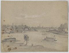 Bird's-eye view of Fairmount Water Works above Schuylkill River with stern wheeler and suspension bridge, Philadelphia skyline in background