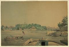 Watercolor drawing of Fairmount Waterworks on the Schuylkill River in Philadelphia