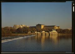 Fairmount Dam and Waterworks on Schuylkill River with Philadelphia Museum of Art in background