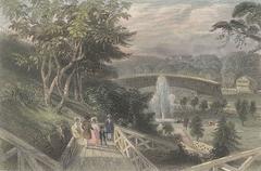 Hand-colored steel engraving of Fairmount Gardens and the Schuylkill Bridge in Philadelphia