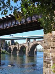 Five Philadelphia bridges over the Schuylkill River including Reading Railroad Viaduct, Twin Bridges US 1, and Falls Bridge