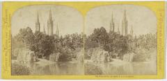 Kurpark in Wiesbaden with towers of Marktkerk in background, Germany