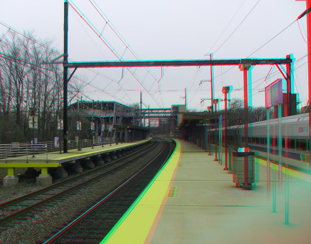 3D anaglyph view of Fern Rock Train Station outbound platform in North Philadelphia
