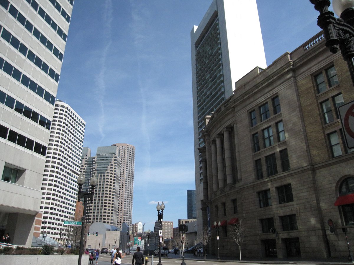 Boston cityscape with One Financial Center, Keystone Building, 125 High Street, One International Place, Two International Place, Dewey Square, Boston Harbor Hotel, Federal Reserve Bank of Boston, and South Station
