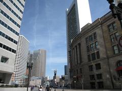 Boston cityscape with One Financial Center, Keystone Building, 125 High Street, One International Place, Two International Place, Dewey Square, Boston Harbor Hotel, Federal Reserve Bank of Boston, and South Station