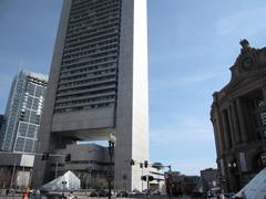 Summer Street and Atlantic Avenue intersection in Boston Massachusetts with cityscape in background