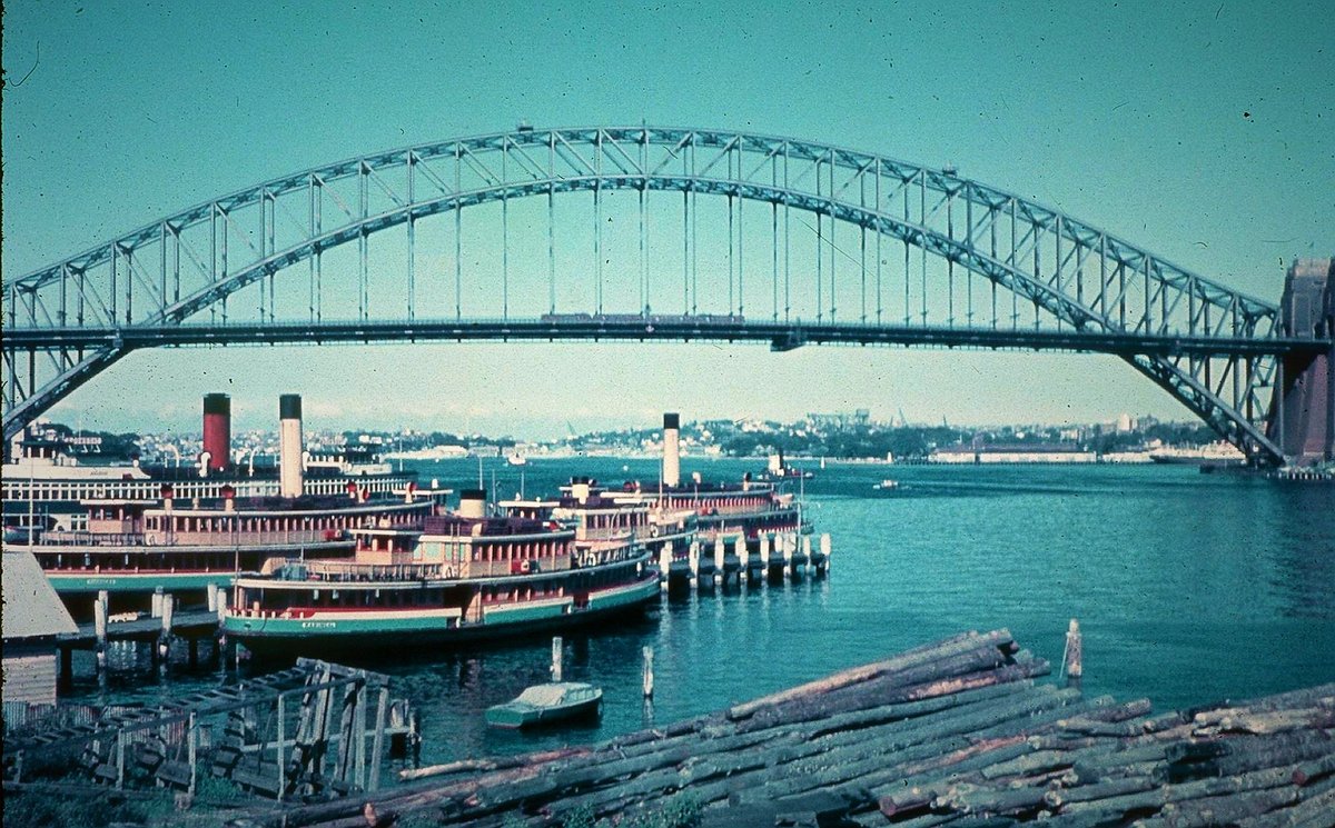 Sydney ferries including Kanangra and Kalang docked at Gibraltar ferry base McMahons Point in early 1950s