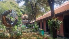 Interior garden with lush greenery and pathways inside the Museum of Fine Arts and Ceramics Jakarta