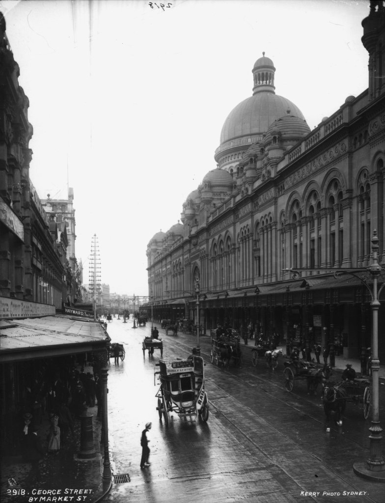 George Street by Market Street in Sydney city showing urban buildings and street view