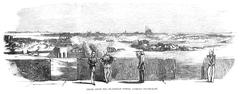 View of Delhi city from The Flagstaff Tower showing Cashmere Gate road, Selighur Fort, Lahore Gate Battery, Shah Bastion, Metcalfe House, Mound, Palace, Mosque, Church, river and bridge of boats