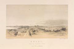 View of Delhi city from the Flagstaff Tower during the Indian Mutiny of 1857 with British and Indian troops before the city walls