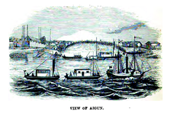 Historical view of the Chinese city of Aigun and boats from Muraviev's Amur expedition in 1854