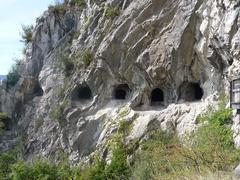 Entrance of Grottes de Mandrin caves carved circa 1845 opposite the Bastille fortress in Grenoble