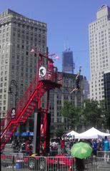 Zipline trailer in front of courthouses viewed from southwest