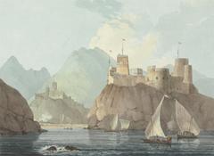 East view of the forts Jellali and Merani in Muskat painted by Thomas Daniell