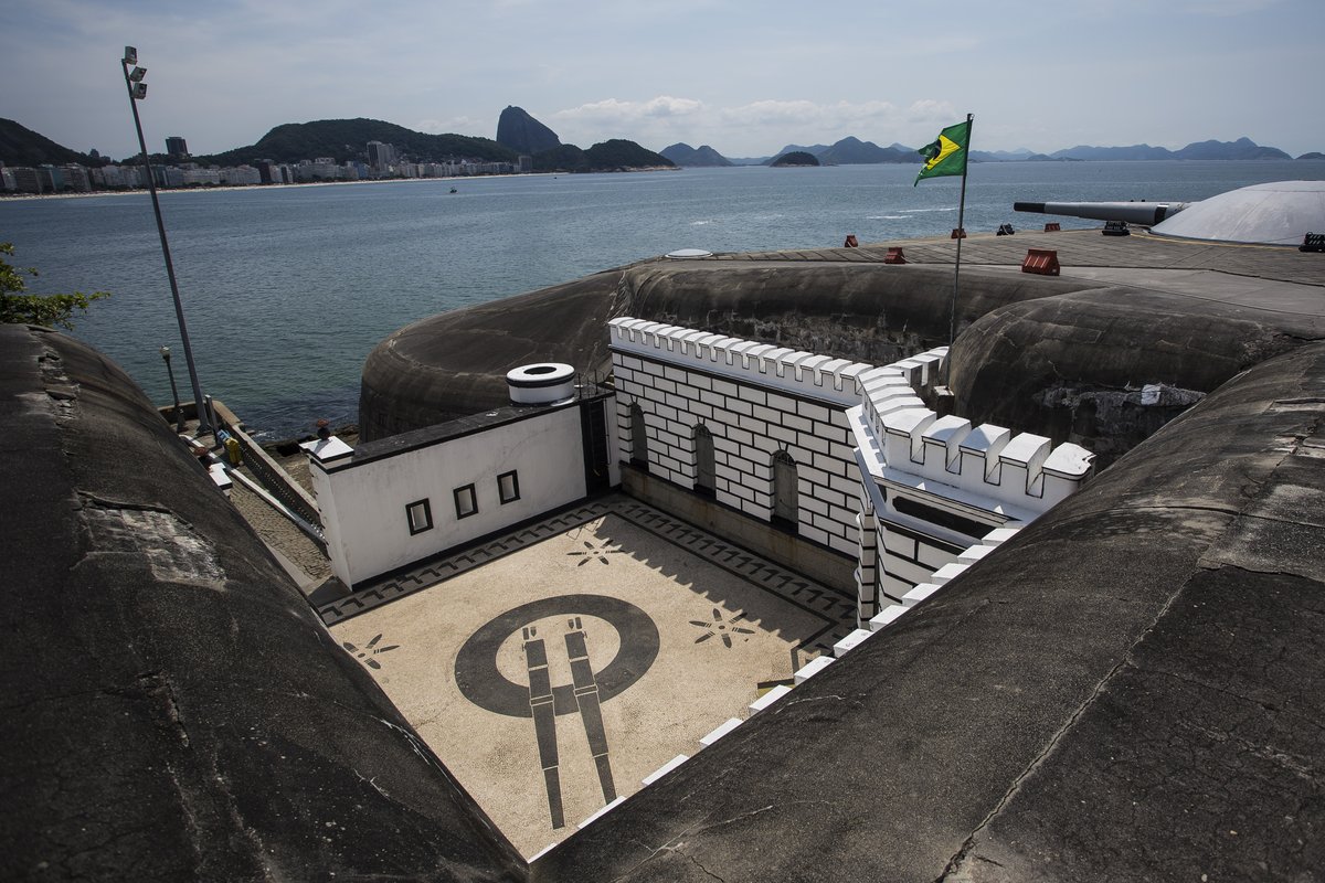 View of Forte de Copacabana and beach in Rio de Janeiro with blue sky
