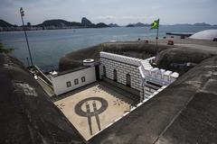 View of Forte de Copacabana and beach in Rio de Janeiro with blue sky