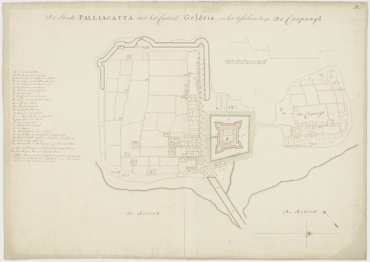 Historical map of the city of Palliacatta featuring Castle Geldria and the fishing village De Coepangh