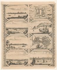 Historical etched map borders featuring city views of Cochin, Ahmadabad, Cranganor, Masulipatnam, Pulicat, Fort Geldria, Aden, Colombo, and Kanton from 1670s Amsterdam