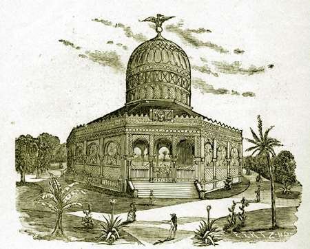 Engraving of the Octagonal Building at 1884 World's Fair in New Orleans exhibiting Mexican minerals and jewelry