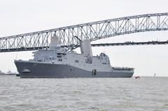 USS San Antonio amphibious transport dock ship passing under Francis Scott Key Bridge entering Baltimore Harbor during Baltimore Navy Week 2012
