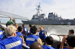 Navy ROTC cadets viewing USS Donald Cook guided-missile destroyer approaching Baltimore Harbor