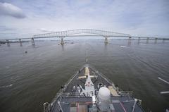 USS Oak Hill amphibious dock landing ship approaching Francis Scott Key Bridge in Baltimore