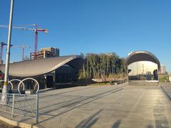 Entrance pavilions of Potapovo subway station with modern architecture and glass facades