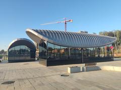 Red entrance pavilions to Potapovo metro station in Moscow