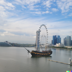 Galleon ship sailing through the Singapore River with cityscape in the background